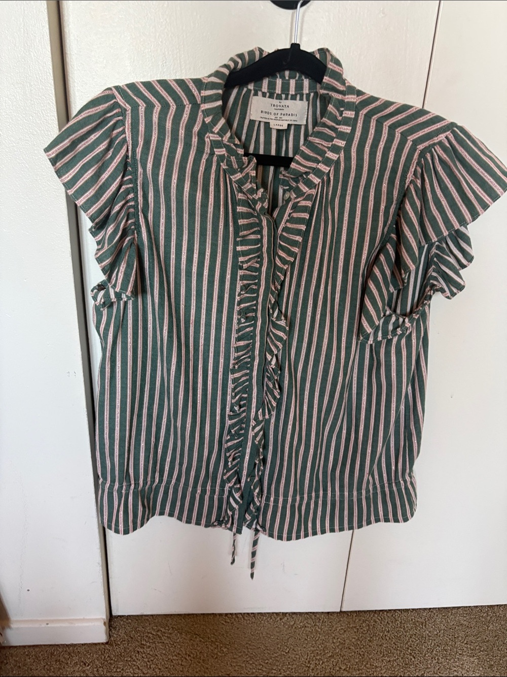 Trovata Pink and Green Striped Ruffle-Trim Blouse